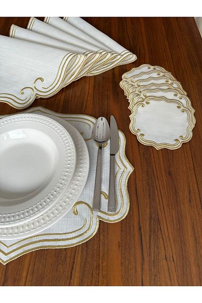 NURHAN HOME COLLECTION Χρυσό Κέντημα Σγουρό Μοντέλο - Σετ αμερικανικού σερβιρίσματος και χαρτοπετσέτας κοκτέιλ 12 τεμαχίων