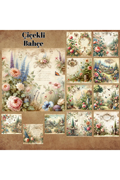 Pink Swan Craft Çiçekli Bahçeler Vintage 12 Adet Scrapbook Bullet Journal Mat...