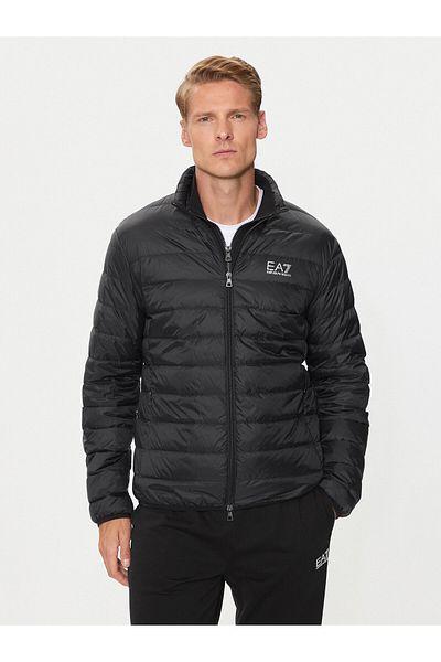 EA7 Stand Collar Zippered Black Men's Coat - with Insulated Brand Logo 8npb23 Pngpz-1200