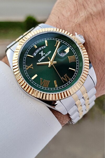 Daniel Klein Gold Silver Men's Wristwatch with Green Cord - Gift Packed