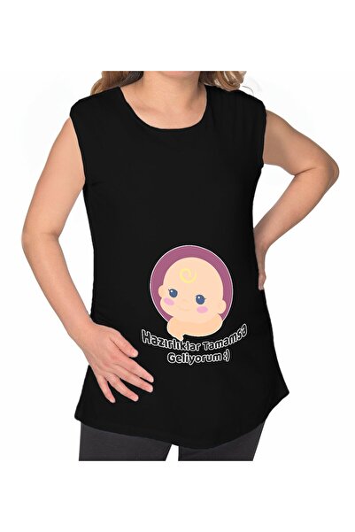 Bk Gift Esprili Tasarım Siyah Sıfır Kol Hamile Tişört-1, Hamile Giyim, Eşe He...