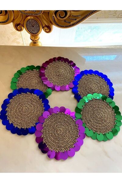 İmren Collection Gold Simli Ip ,renkli Pullu Bardak Altı Peçeteleri 6 lı 6 Ad...