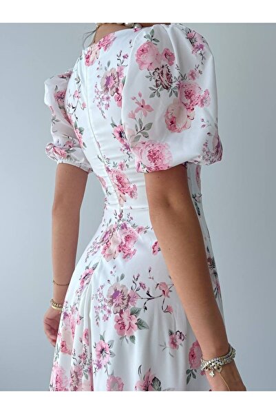 lovebox Pink and White Midi Women's Dress - Crew Neck, Balloon Sleeve, Floral Flared 007