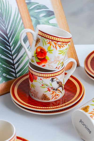 Porsima TE-209 Jilguero Cup Set - Patterned Porcelain Turkish Coffee Cup Set - 6 Person 90 cc