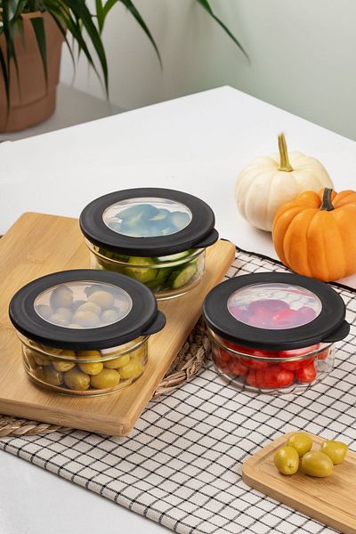 Porsima C-00266 Multi-Purpose 3-Piece Glass Bowl with Round Lid - Food Breakfast Storage Container - 350 cc