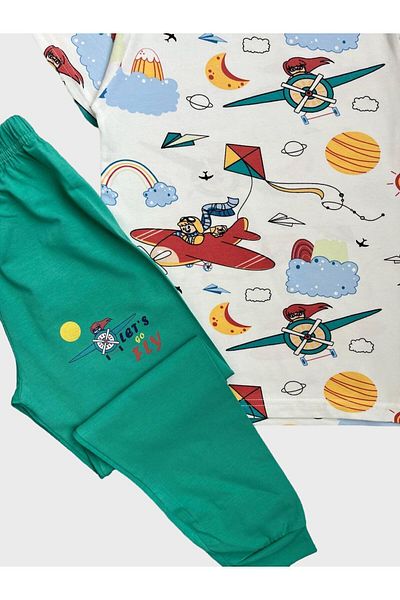 elmas kids Set de pijamale de vară cu mânecă scurtă pentru fete, 100% bumbac, cu model de avion