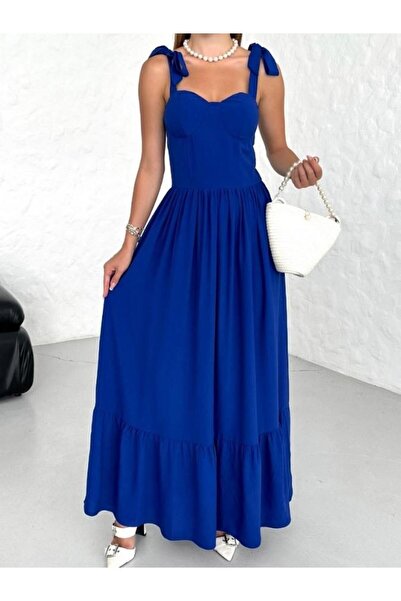 lovebox Bağlama Askı Detaylı Kloş Kesim Prenses Model Siyah Kadın Elbise 005