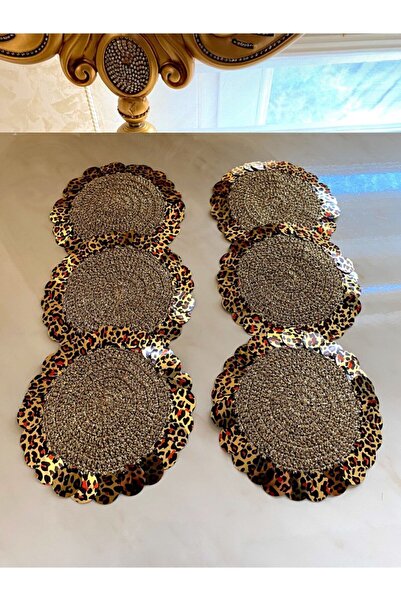 İmren Collection Gold Simli Ip, Leopar Pullu Bardak Altı Peçetesi  6 Adet