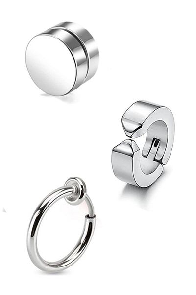 The Collection Unisex Silver 3 Pieces Non-Hole Squeezed Magnet Steel Earring Set