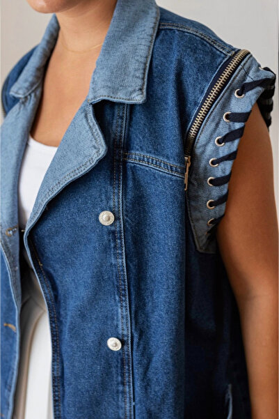 BRTC design Kadın Mavi Fermuar Ve Bağcık Detaylı Premium Denim Yelek