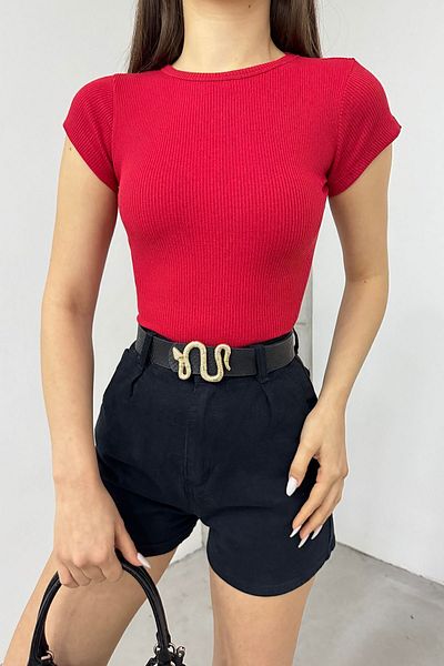 kozzy Fitted/Body-Sitting Crew Neck Short Sleeve Camisole Crop Blouse Red