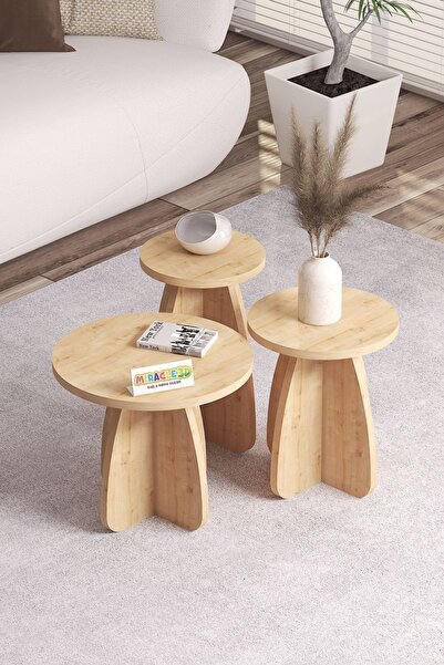 MİRACLE 3D Mantar 3 Lü Zigon Sehpa Bal Meşe