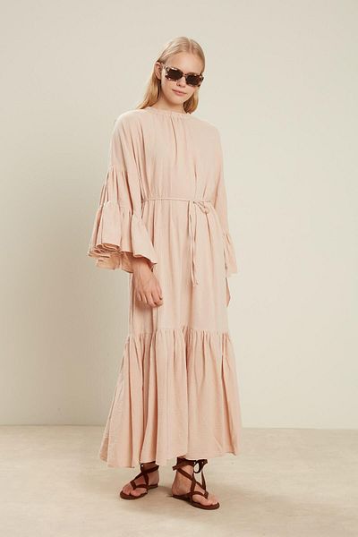 Manuka Cotton Crinkle Flounces Dress Salmon