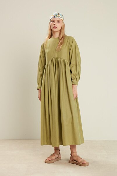 Manuka LINEN BLEND BALLOON SLEEVE DRESS GREEN