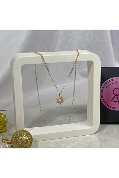 Alsem 925 Ayar Gümüş Güneş ve Kolye Gold , Güneş Motifli Gold Kolye , İnce Zi...