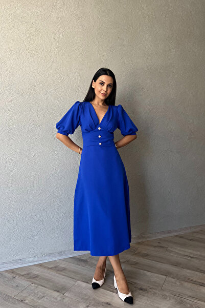 Seda Yalçın Atelier Μπλε φόρεμα με λεπτομέρεια με κουμπιά μαργαριτάρι