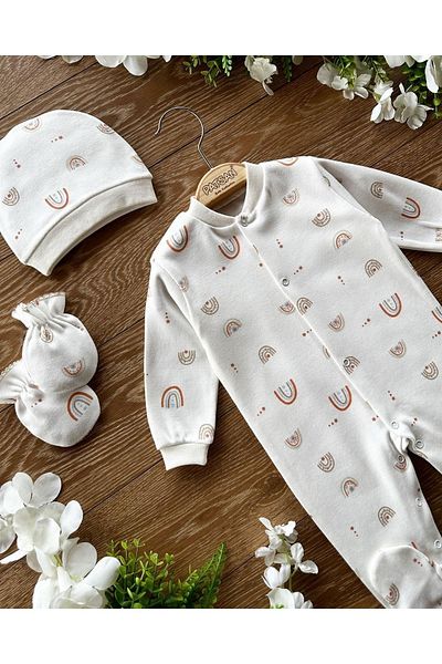 PATSAN Organic 3-Piece Newborn Hospital Release Set with Gloves, Hat, Booties, Baby Rompers Set Rainbow