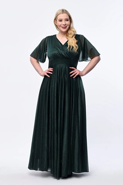 Genel Markalar Işıltı Büyük Beden Simli Tül Esnek Kruvaze Yaka Volan Kol Uzun Büyük Beden Şık Abiye Elbise 3051