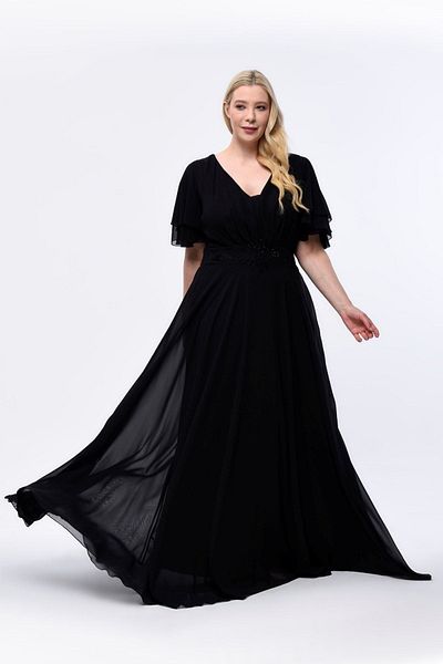 KIRIŞIK Plus SIze Sparkle ChIffon Long EvenIng Dress - Pleated and Flowy RoBe 3045