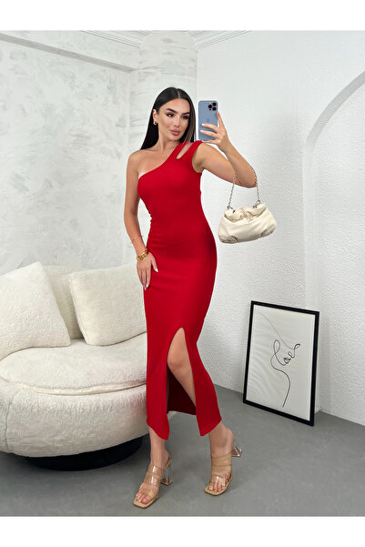 modavingo One Shoulder Red Strap Slit Ottoman Dress