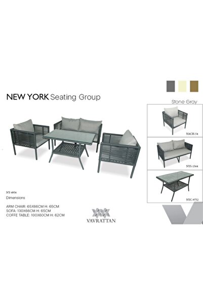 VAVRATTAN New York Rattan Bahçe Takımı 2 1 1 Sehpa-taş Gri