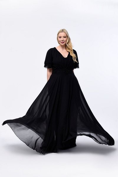 KIRIŞIK Plus SIze Sparkle ChIffon Long EvenIng Dress - Pleated and Flowy RoBe 3045