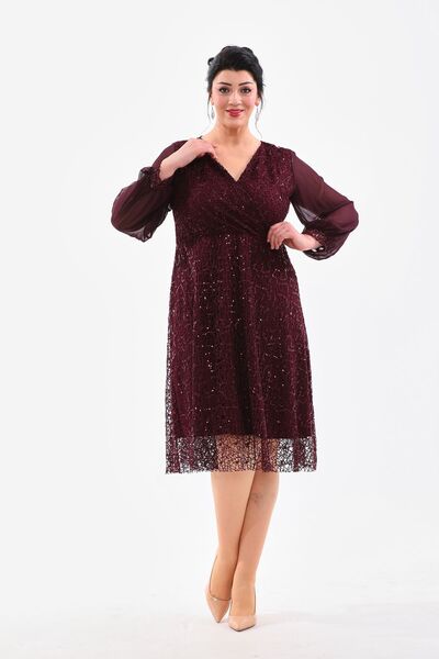 IŞILTI Rochie de seara midi cu decolteu dublu, cu detaliu de maneca din sifon cu paiete elastice - 3083