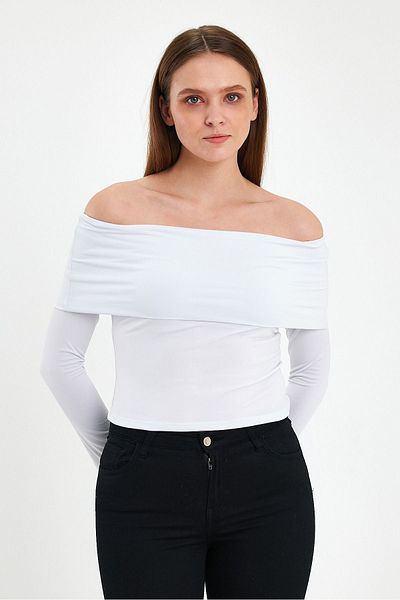 ZACHARIUZ White Off-Shoulder Long Sleeve Bodysuit 0071