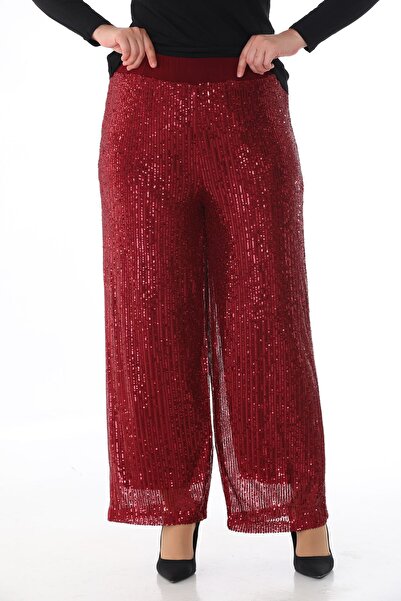 KIRIŞIK Burgundy Sequin Wide Leg Evening Dress Trousers 3077