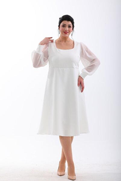 IŞILTI Flexible Chiffon Square Collar Midi Length Plus Size Evening Dress - 3087