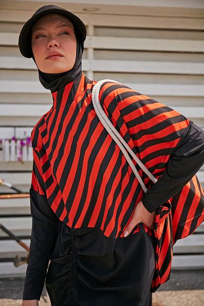 Marina Parachute Striped Black Full Covered Hijab Swimsuit M2307