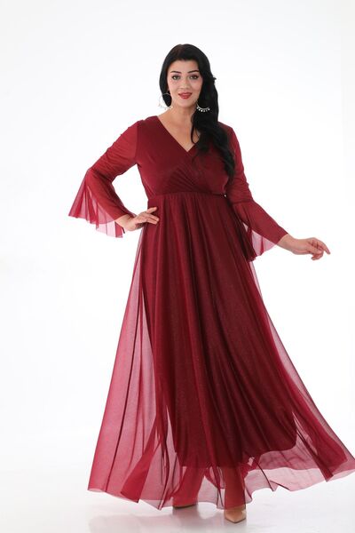 KIRIŞIK فستان سهرة طويل بأكمام طويلة ورقبة متقاطعة من التول الفضي للسيدات