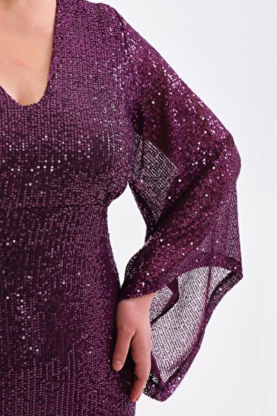 IŞILTI BÜYÜK BEDEN فستان سهرة لامع باللون الأرجواني مزين بالترتر على شكل سمكة، فستان سهرة طويل مرن