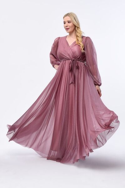 KIRIŞIK FlexIBle and BelTed Plus SIze GlITTerIng GlITTery Tulle EvenIng Dress - DouBle BreasTed Collar 3047