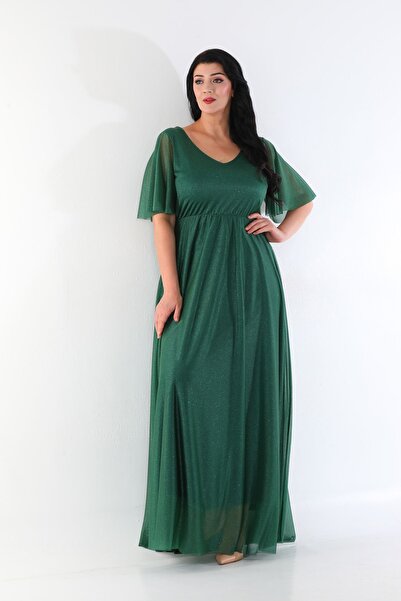 Genel Markalar KADIN V YAKA SİMLİ TÜL YARIM KOL UZUN ABİYE