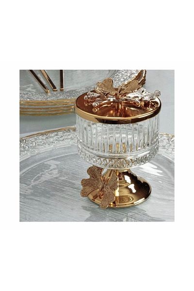 Elzem Stylish Looking Candy Bowl with Gold Lid - Glass Presentation Bowl with Butterfly