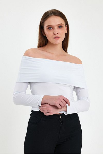 ZACHARIUZ White Off-Shoulder Long Sleeve Bodysuit 0071