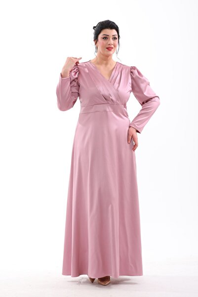 IŞILTI فستان سهرة من الساتان بياقة مزدوجة الصدر وأكمام الأميرة مقاس كبير - 3093