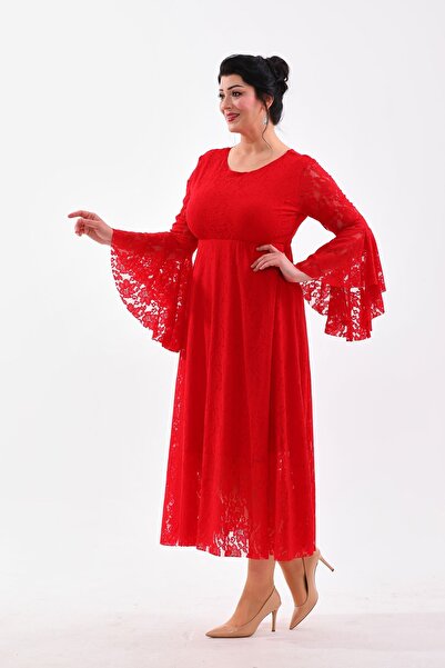IŞILTI Lace Round Neck Valon Sleeve Plus Size SBiyie Dress 3103 - Kişos Plus Size Evening Dress