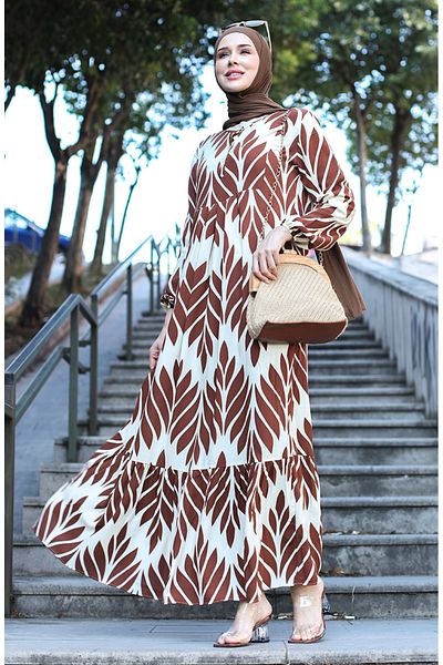 sefamerve 81880-03 Model Patterned Brown Viscose Dress