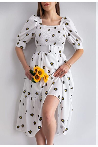 GM Butikk Beyaz viskon gipeli papatya desenli kemerli midi boy elbise