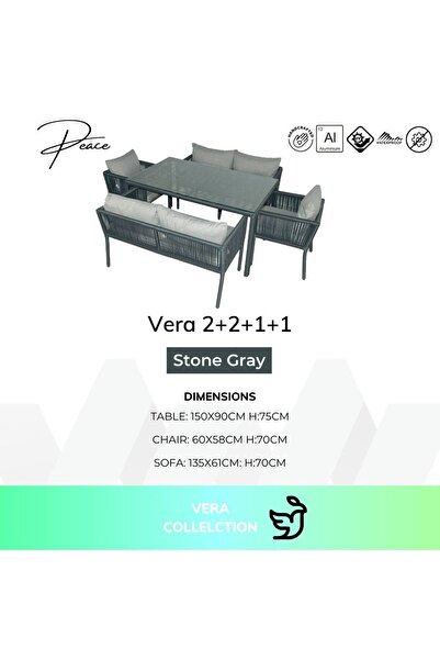VAVRATTAN Vera 2+2+1+1 Rattan Bahçe Balkon Yemek Takımı Taş Gri