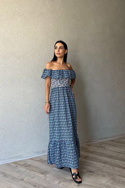 Seda Yalçın Atelier Madonna Collar Dark Blue Patterned Gimped Dress
