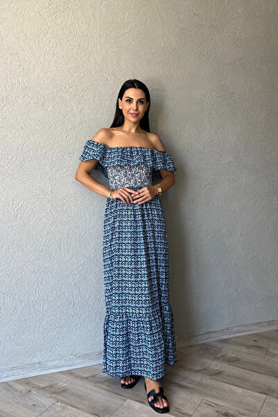 Seda Yalçın Atelier Φόρεμα Madonna με γιακά με σκούρο μπλε σχέδιο Gipeli