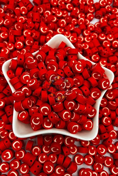 Ebruli Boncuk 10mm Türk Bayrağı Figür Fimo Boncuk Takı Yapımı Bead (100 Adet)