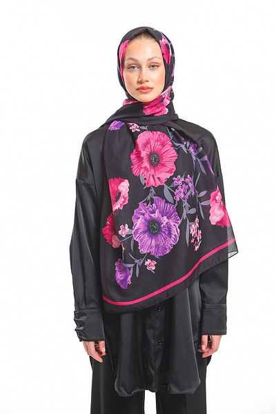 19V69 ITALIA Black Lilac Pink Shawl Floral Pattern Pavia Series with Scarf Hanger and Gift Set 90x200 Cm