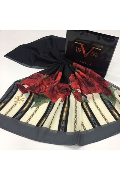 19V69 ITALIA Şal Negru Roşu Motiv Floral Seria Pavia cu Umeraş pentru eşarfe şi Set Cadou 90x200 Cm