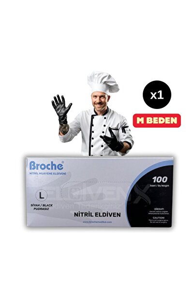 Broche Siyah Nitril Muayene Eldiveni Pudrasız (M) 100 Adet