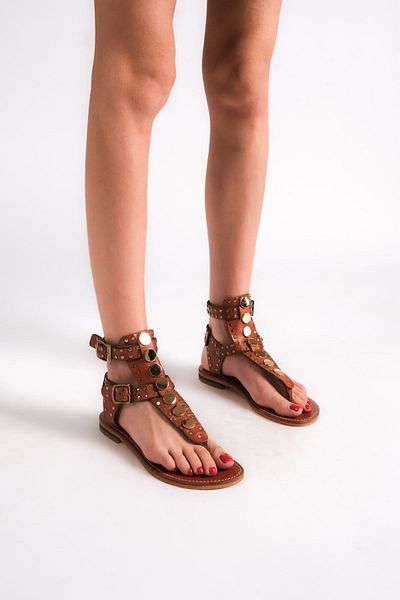 BODRUMLU SİNCE 1941 Cleoptra Tan Handmade Genuine Leather Metal Women's Flat Sandals