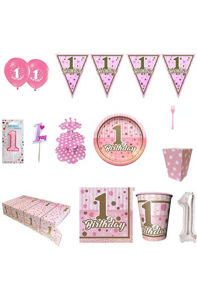 Hayaller Dükkanı 8 Person 1 Year Old Full Birthday Ornaments, My First Year Old Twinkle Birthday Tableware Set-Pink